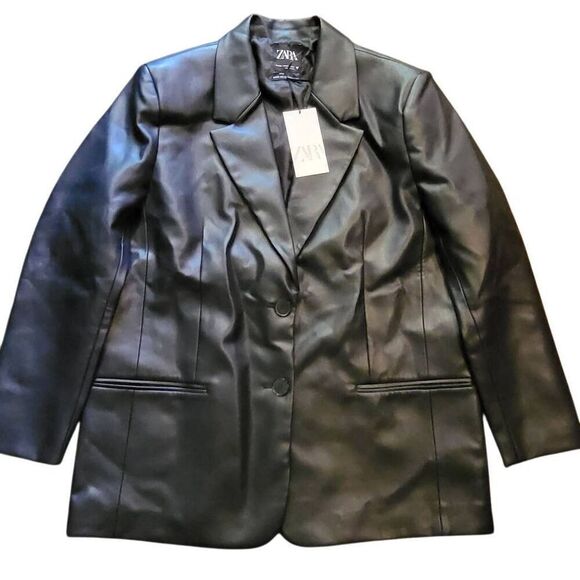 NWT Zara Blazer Women's XXL Black Faux Leather Oversized Two Button Blogger Fave - Picture 3 of 8